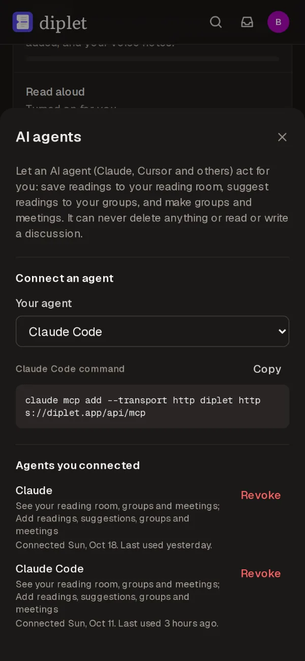 The AI agents dialog, with the address to give an agent and the agents that are connected.