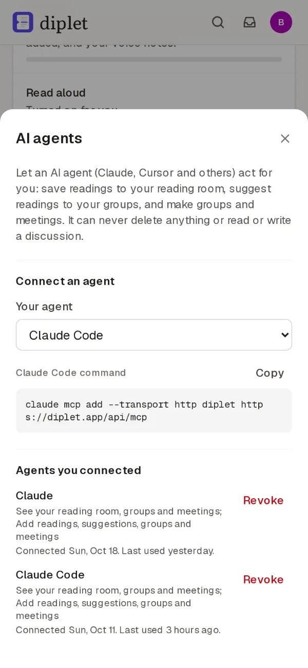The AI agents dialog, with the address to give an agent and the agents that are connected.