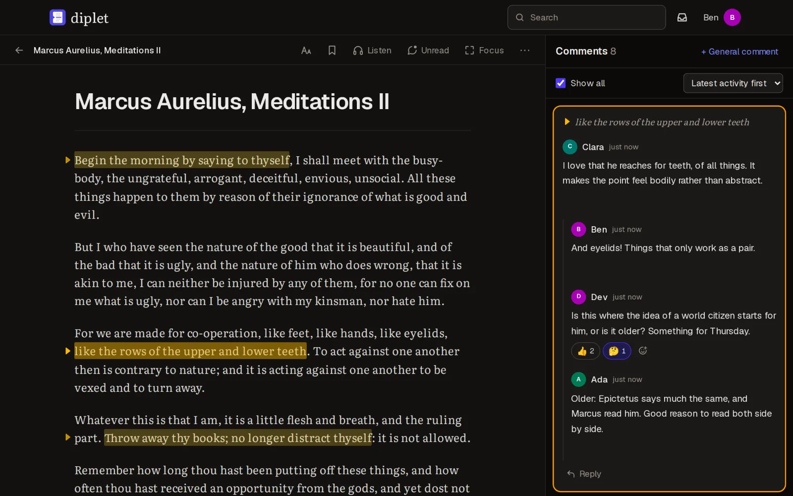 A reading on a computer, with a discussion thread open beside the text.