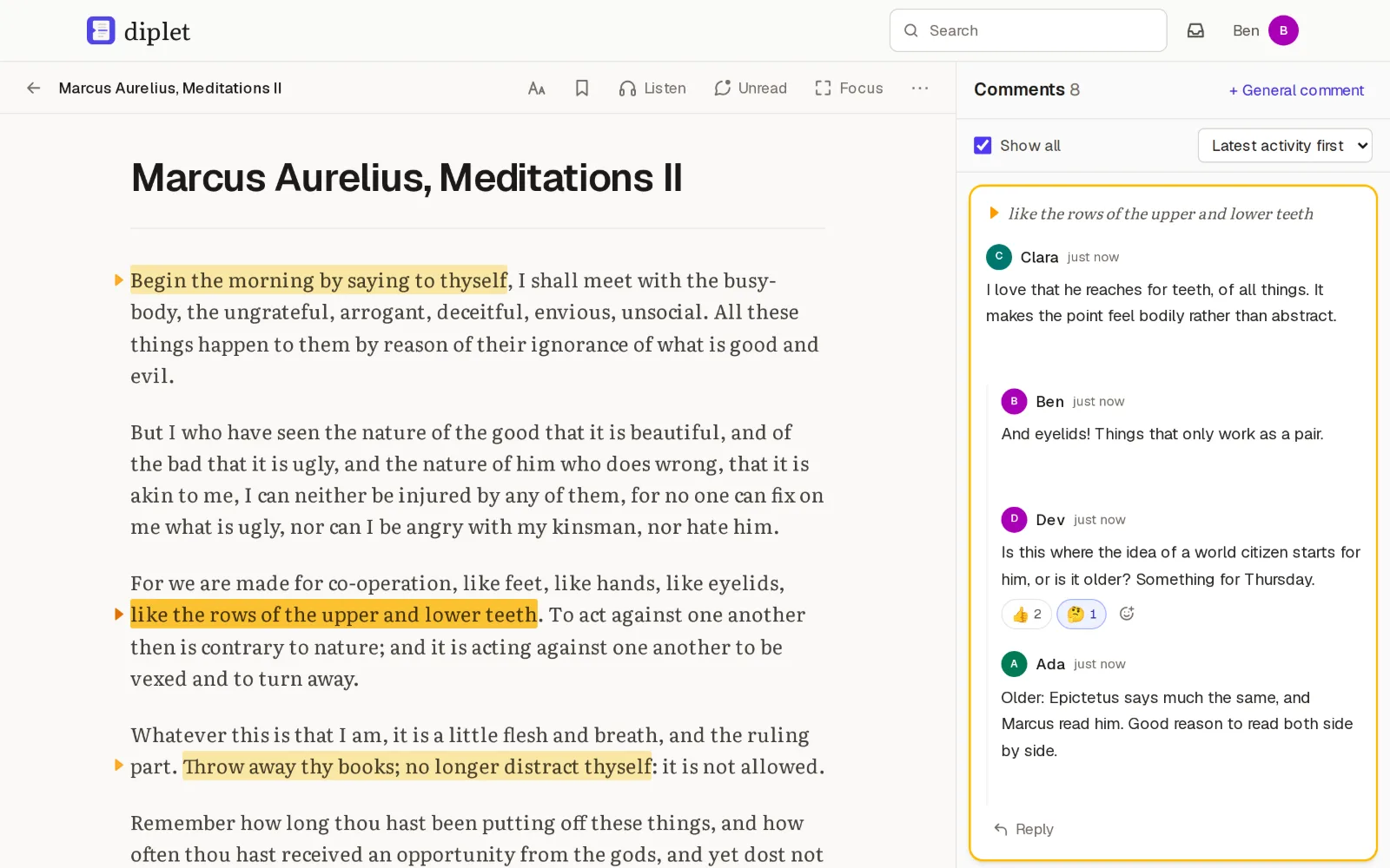 A reading on a computer, with a discussion thread open beside the text.