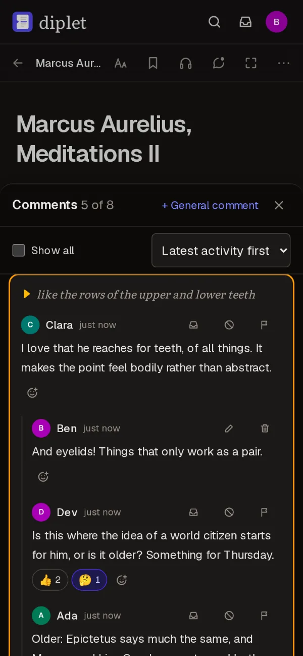 A discussion thread about a highlighted passage, with replies from several members.