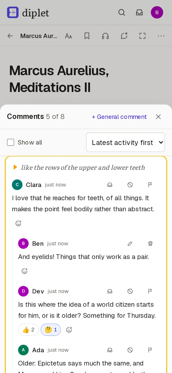 A discussion thread about a highlighted passage, with replies from several members.