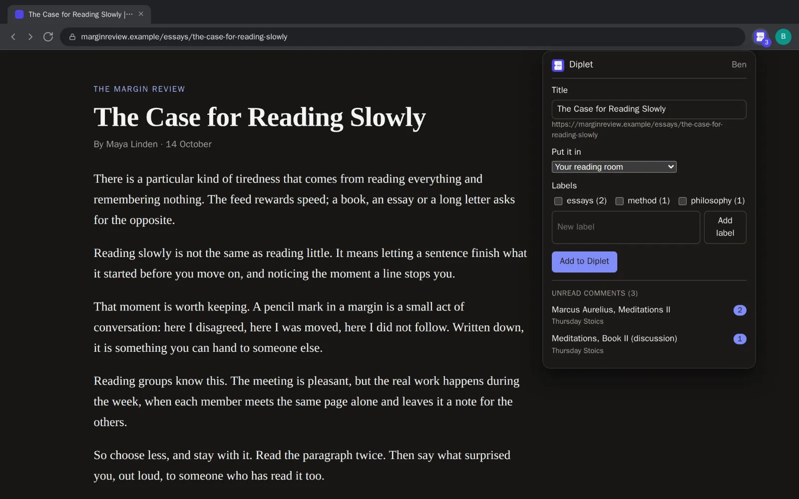 The browser extension's popup over an article, with a form to add the page to a reading room and the unread comments in the groups.