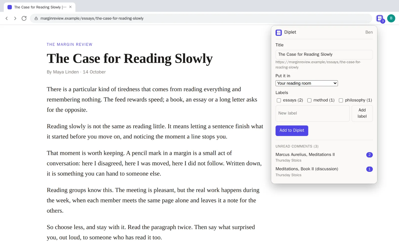 The browser extension's popup over an article, with a form to add the page to a reading room and the unread comments in the groups.