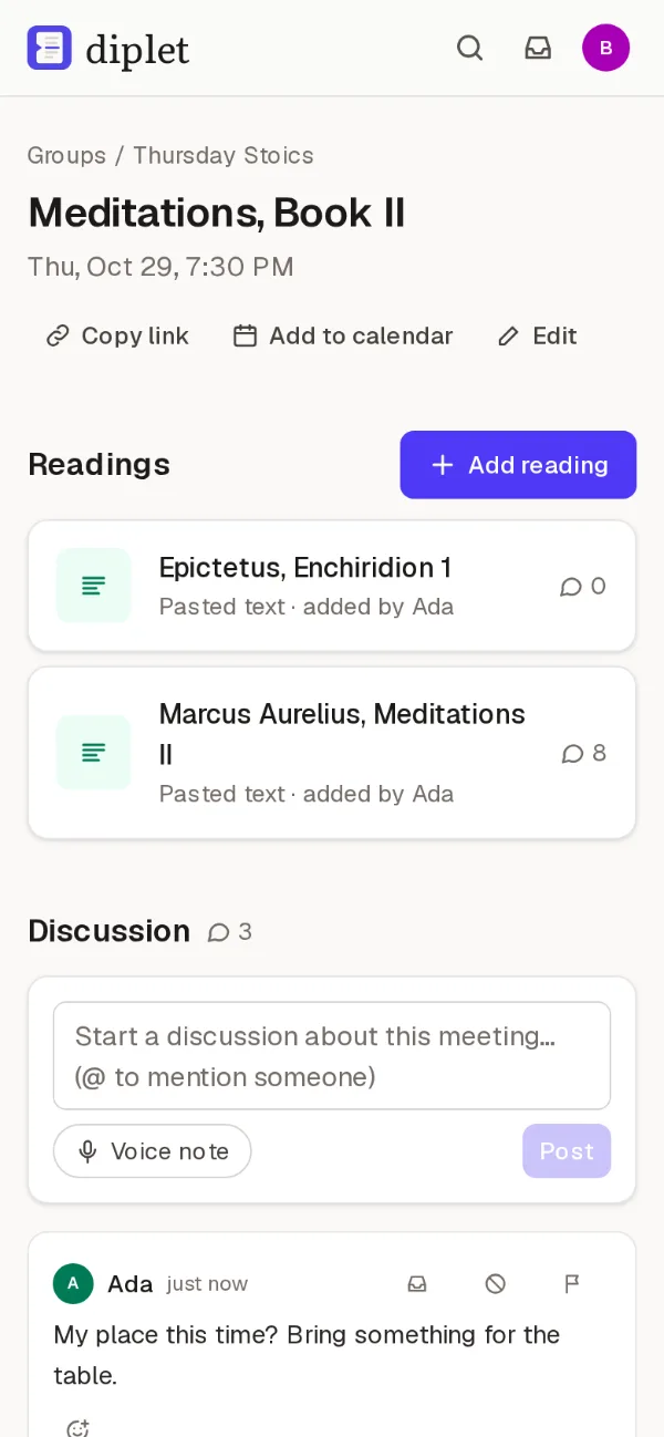 A meeting's page with its date, its readings and the group's discussion.