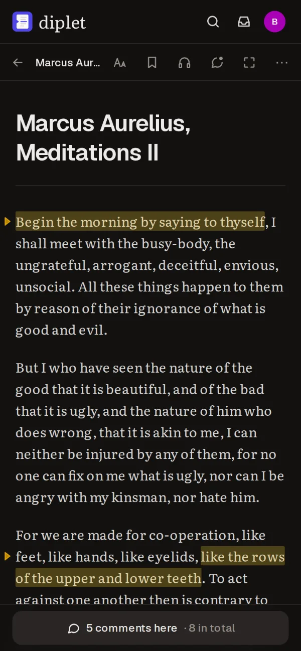 A reading on a phone, with highlighted passages that members have commented on.