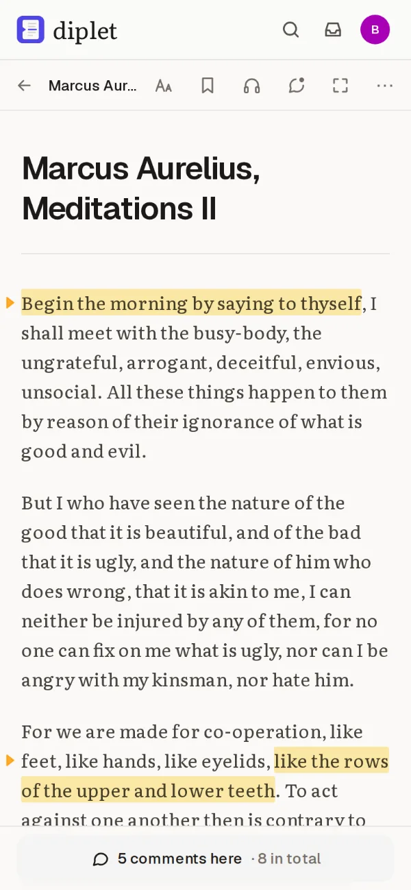 A reading on a phone, with highlighted passages that members have commented on.
