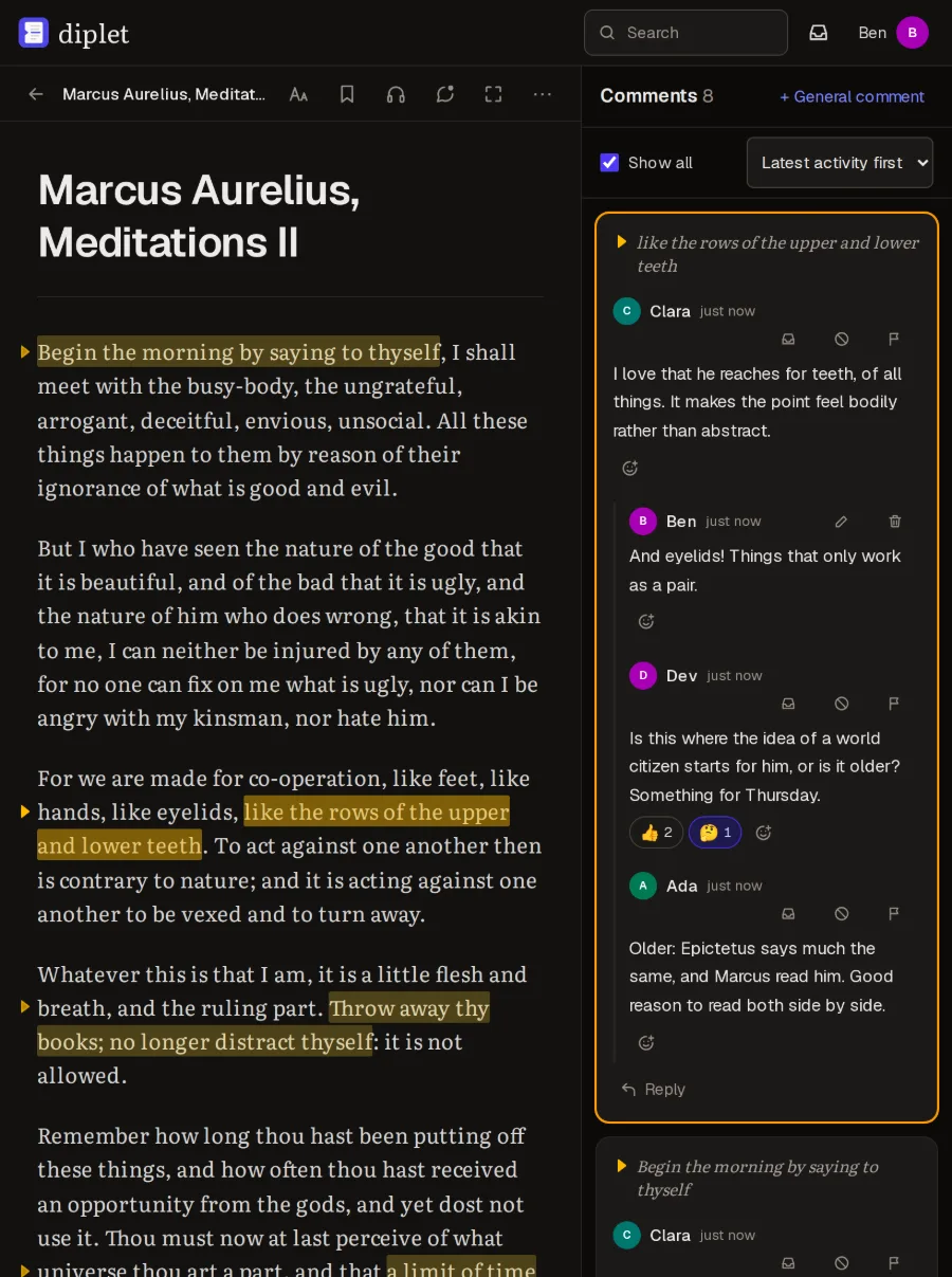 A reading on a tablet, with the discussion of a highlighted passage beside the text.