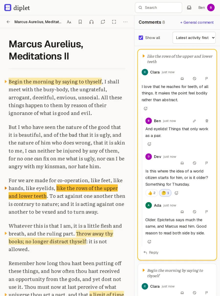 A reading on a tablet, with the discussion of a highlighted passage beside the text.